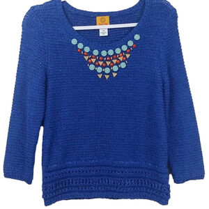 RUBY Rd. Petite Blue Beaded Embellished Scoop Neck Long Sleeve Knit Sweater
